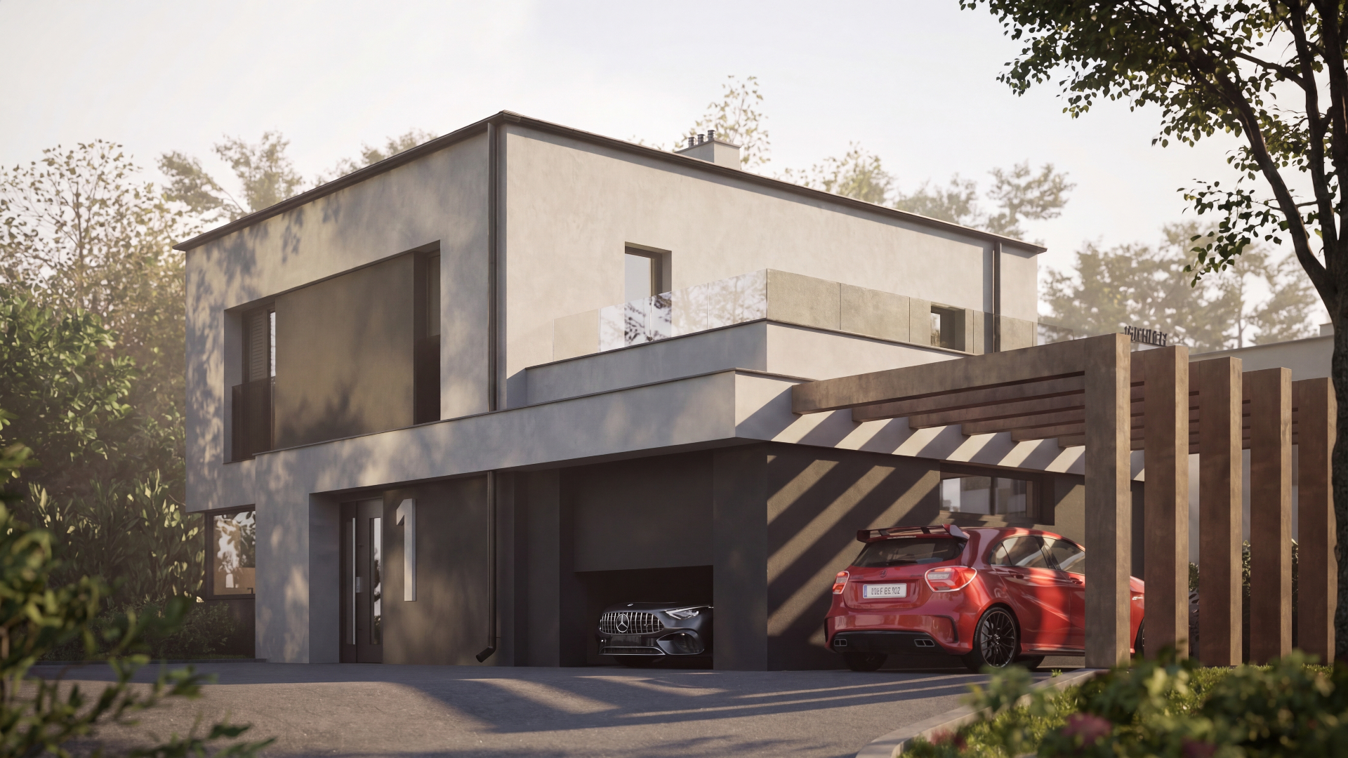 Wizualizacja domu Brzozowe Wzgórze — wjazd i carport latem